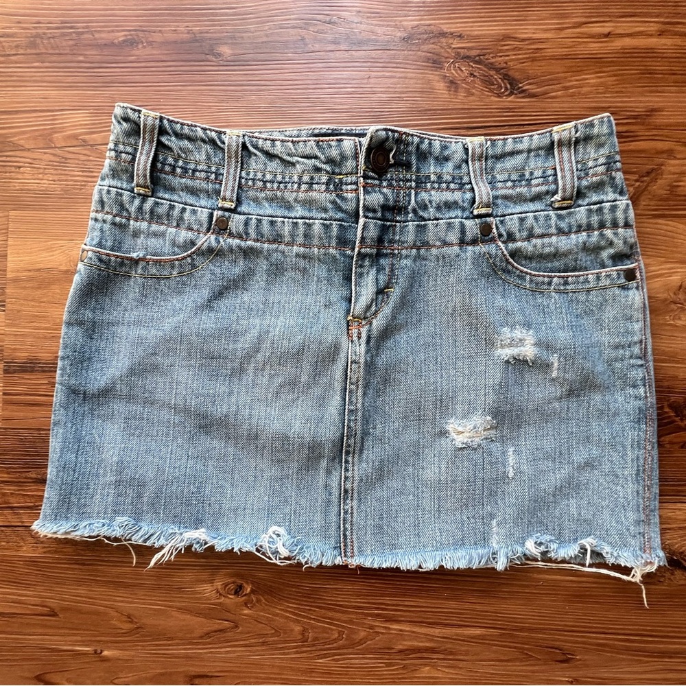 2000s American Eagle Outfitters Light Blue Distressed Denim Mini Skirt